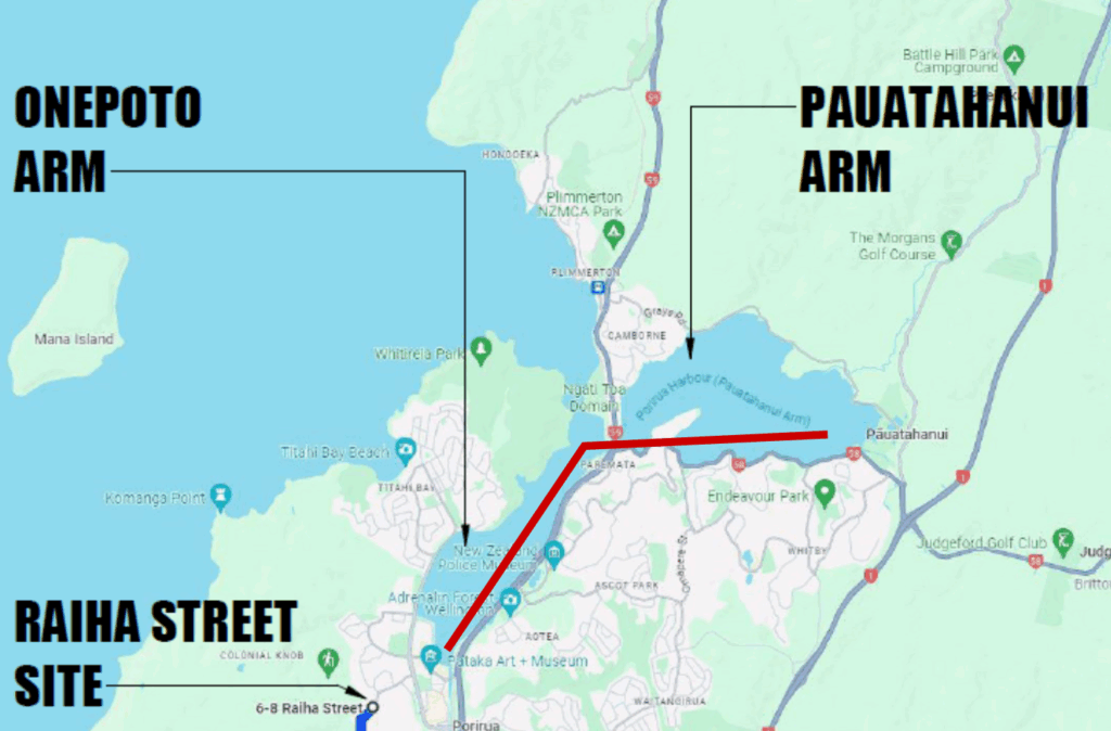 Map of Te Awarua-o-Porirua and Pāuatahanui and Onepoto inlets overlaid with the motif used the show “the tide sweeping up both reaches