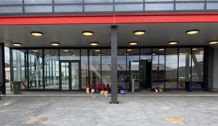 Entrance to Crown's new Porirua building getting ready for opening Sept 2026