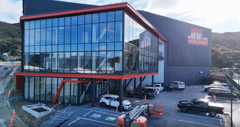 Front of Crown's new warehouse and offices nearly ready for opening, Porirua, Wellington Sept 2026