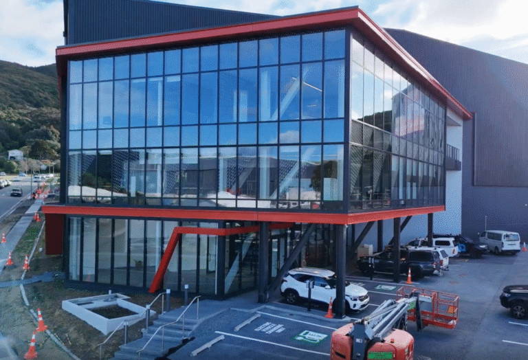 Front of Crown's new warehouse and offices nearly ready for opening, Porirua, Wellington Sept 2026