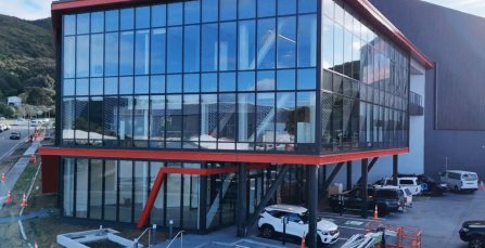 Front of Crown's new warehouse and offices nearly ready for opening, Porirua, Wellington Sept 2026