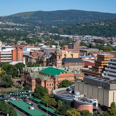 Pietermaritzburg South Africa Vew of the city hall and buildings in downtown Pietermaritzburg Kwazulu Natal with suburbs and hills in the background Anton Herrington resized